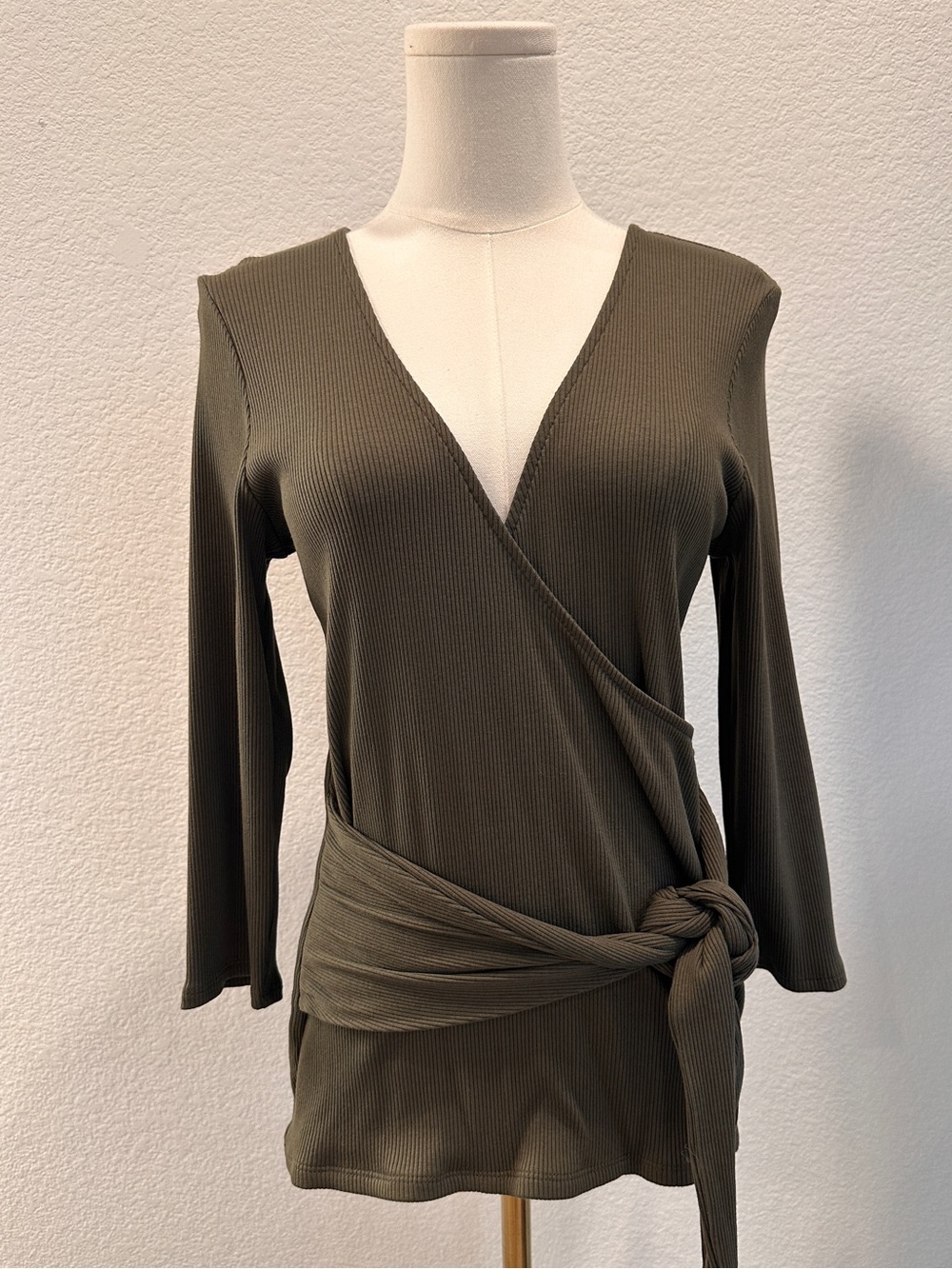 Express Olive Ribbed Wrap Tie Long-Sleeve Top l Women’s Size Large